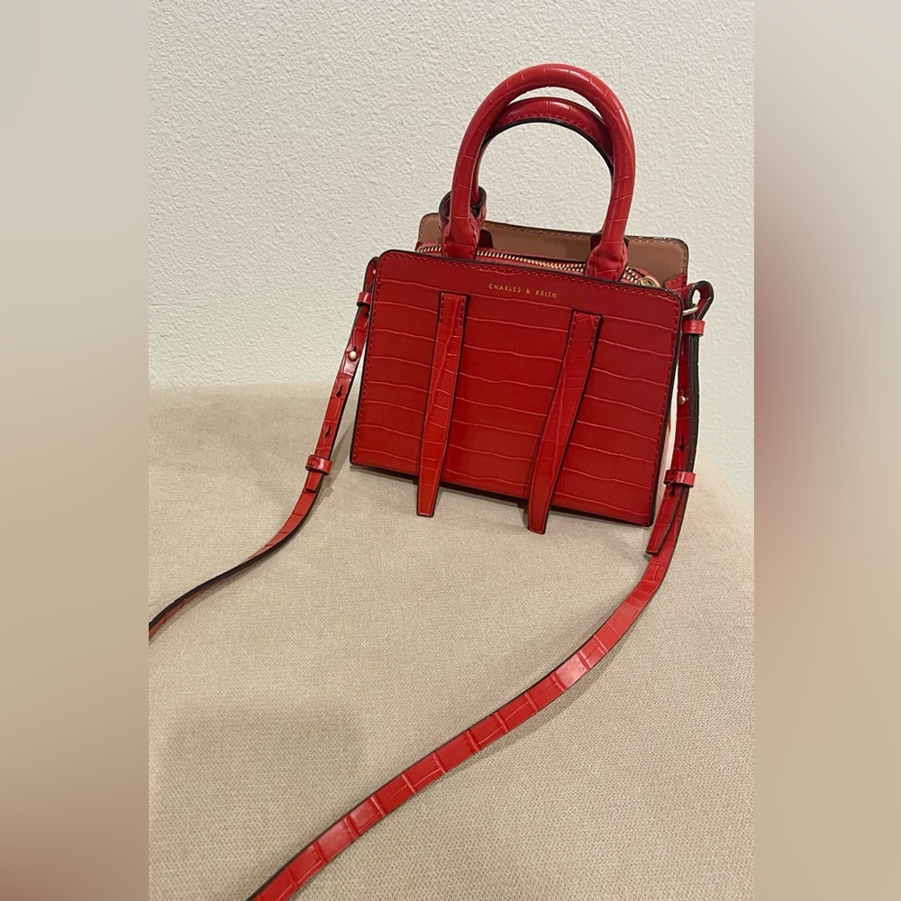 Charles & Keith Red Top Handle Bag | Croc-embossing | Never Used - Picture 5 of 6